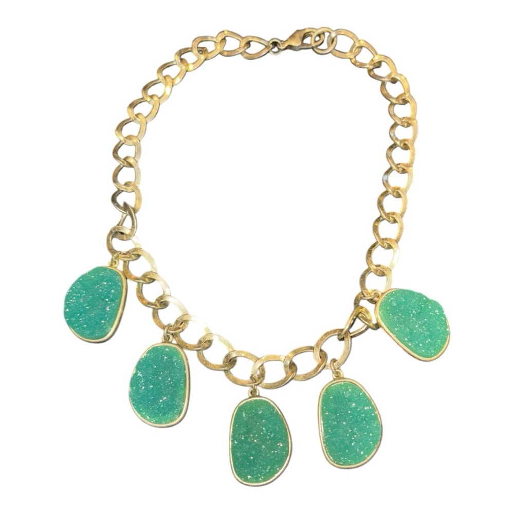 Gold Chain Green Druzy Charm Bracelet Boho Glam Statement J23